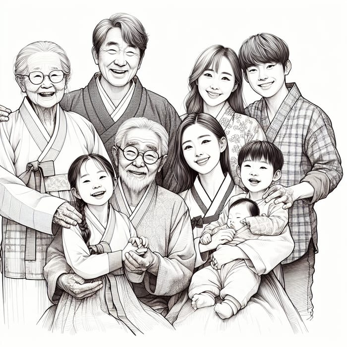 Korean Family Line Sketch: Bonds of Love