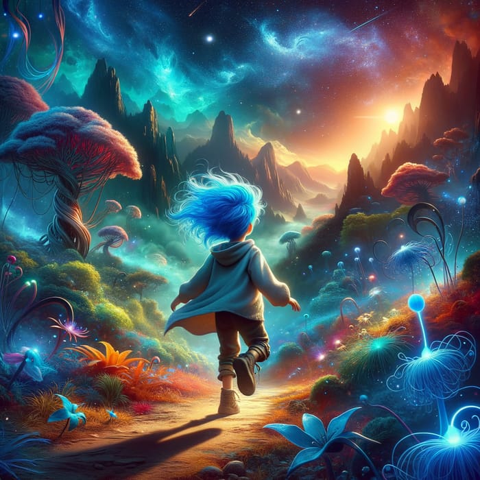 Child with Blue Hair Explores Enchanting Fantasy World