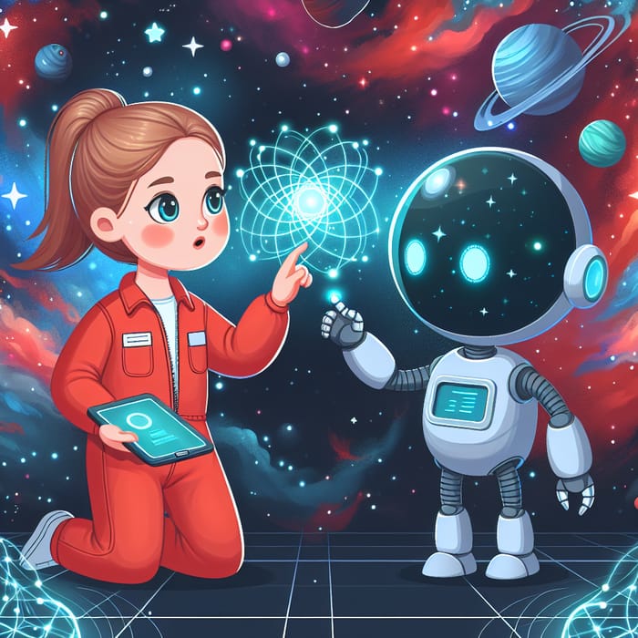 Cartoon Girl in Red Jumpsuit Interacts with AI Robot in Cosmic Space