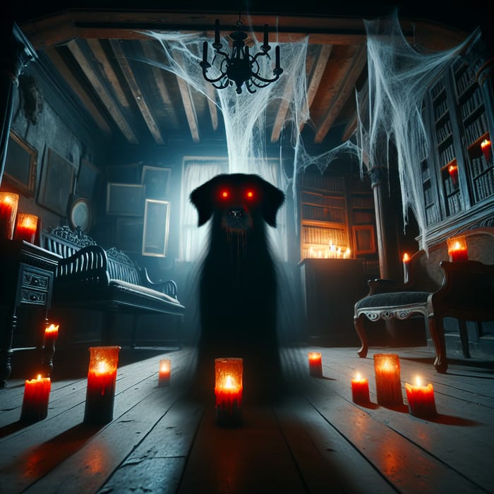 Ghostly Black Dog with Red Eyes in Haunted House with Candles