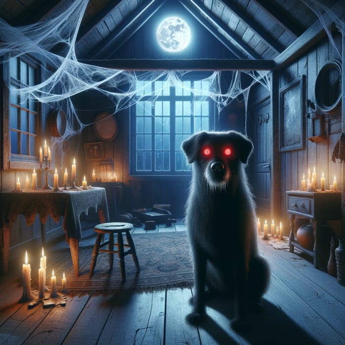 Spooky Black Dog with Red Eyes in Haunted House