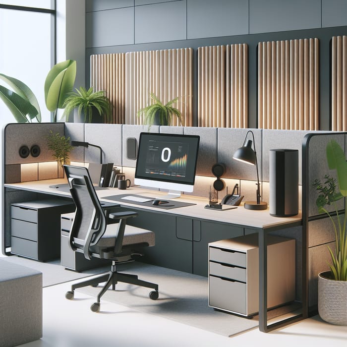 Modern Office Workstation with Felt Acoustic Screen and Tropical Plants