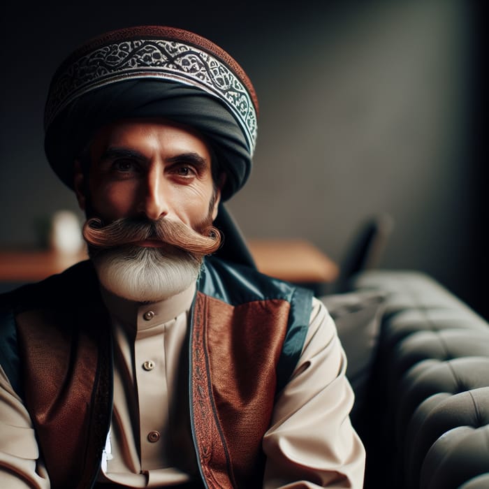 Stylish 60-Year-Old Man in Islamic Attire Relaxing on Sofa