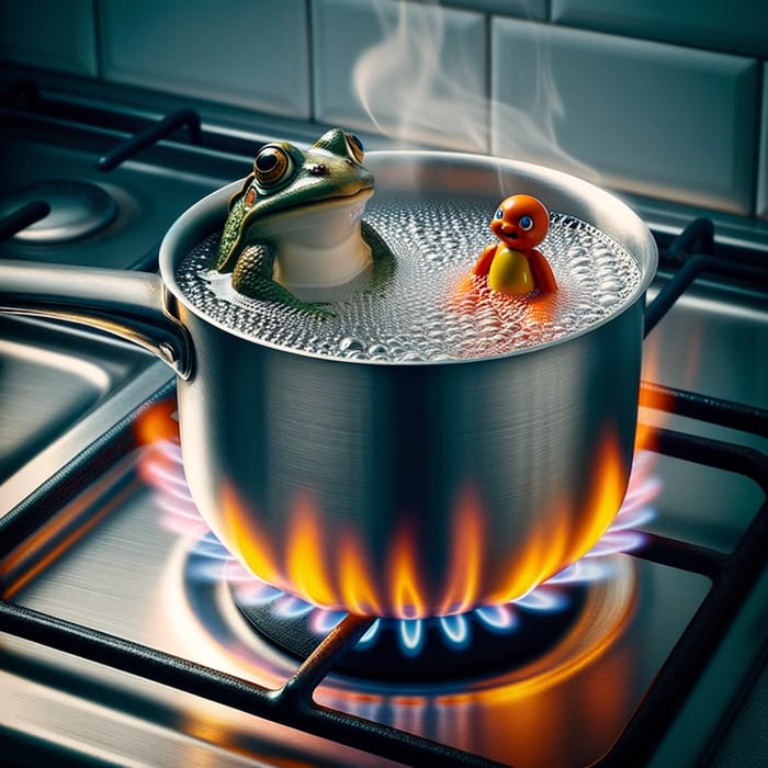 Toy Frog and Small Figure Boiling in Silver Pan Surreal Scene