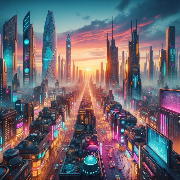 Vibrant Neon Cityscape at Sunset: Cyberpunk Street Scene