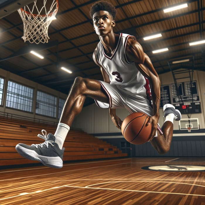 Powerful African American Basketball Dunk in High School Gym