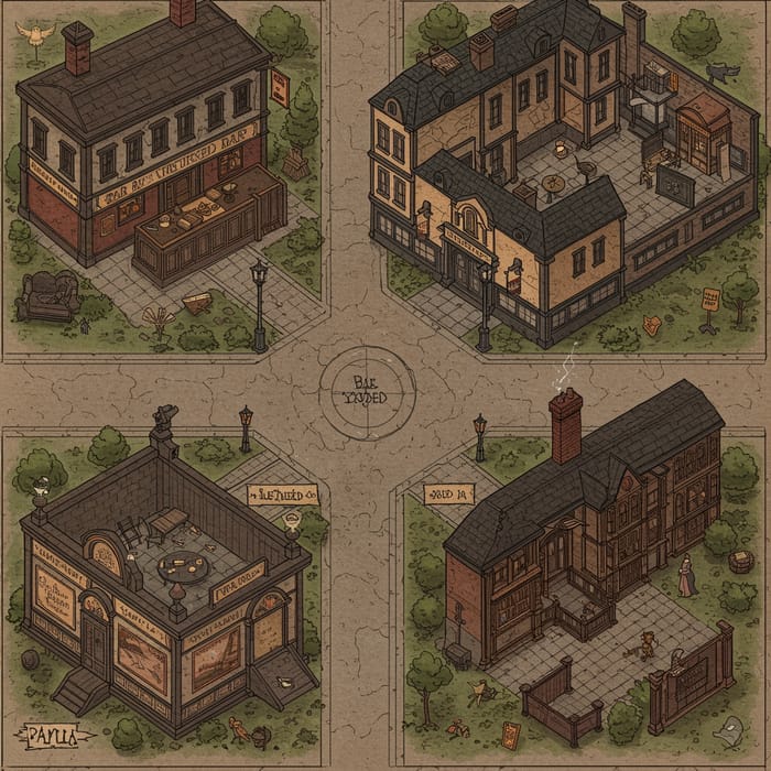 Victorian DnD Map of Intersection with Pub & Library