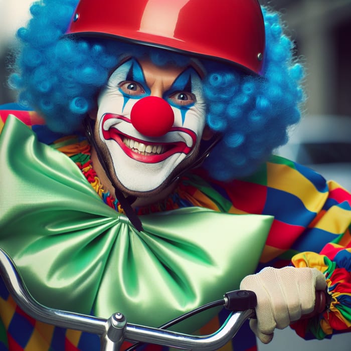 Clown with Helmet Riding Bike Close-Up