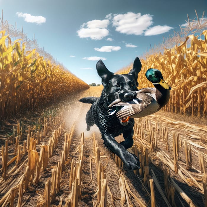 Black Labrador Retrieving Mallard Duck in Cornfield