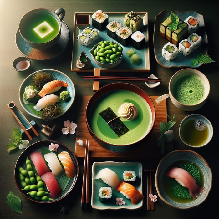 Exquisite Japanese Culinary Harmony: Miso Soup, Sushi, Edamame & Matcha Ice Cream Delights