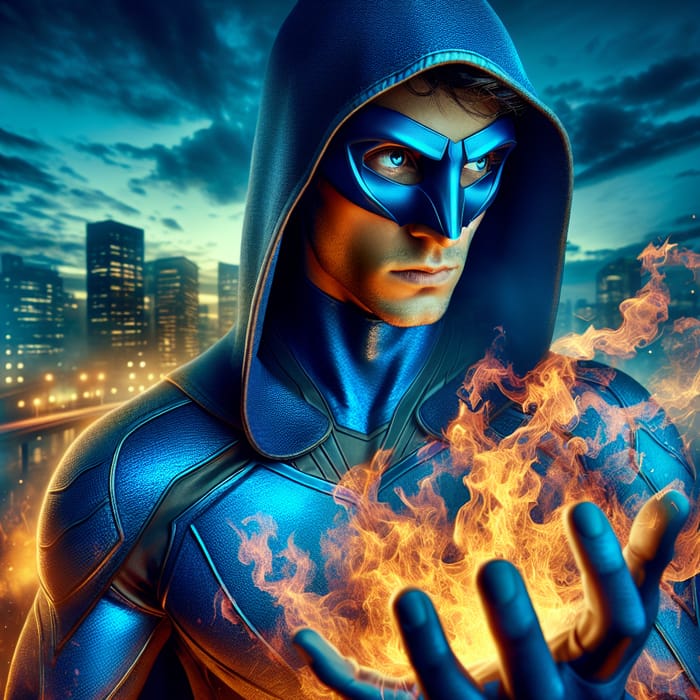 Blue Fire Superhero | Dramatic Manifestation in Cityscape