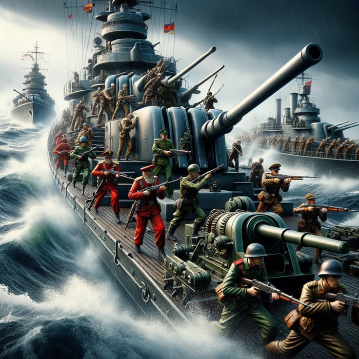 Battle of Naval Forces: Red vs. Green Attire in Turbulent Seas