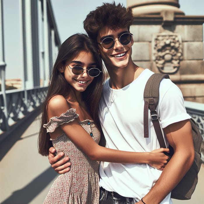 Young Couple Embracing on Bridge with Pillar in Background