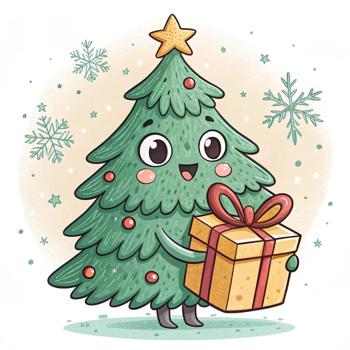 Cute Christmas Tree with Gift in Comic Style