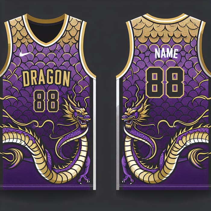 Intricate Purple & Gold Dragon Basketball Uniform Design with Player Name & Number