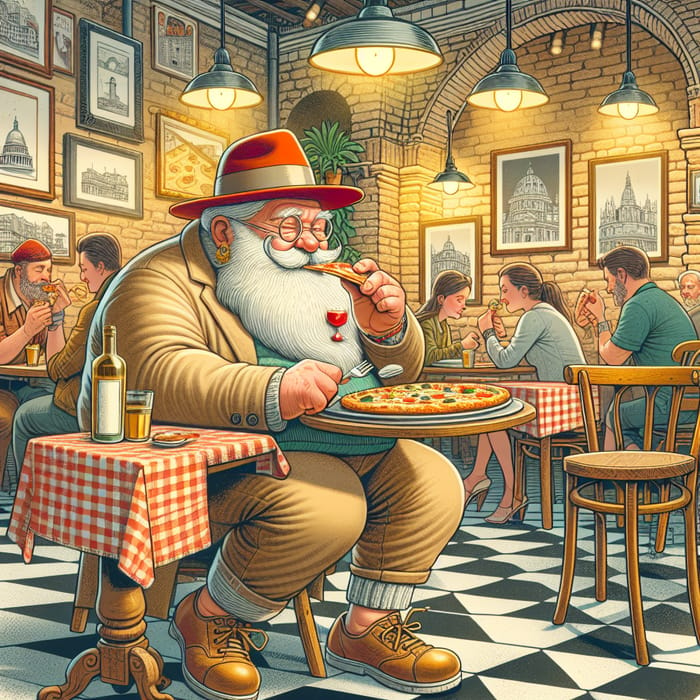 Santa Claus Eating Pizza in Roman Italian Restaurant