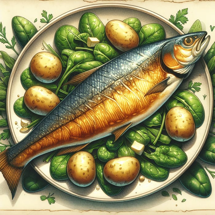 Cooked Sterlet Fish with Greens and Potatoes | Vintage Culinary Illustration