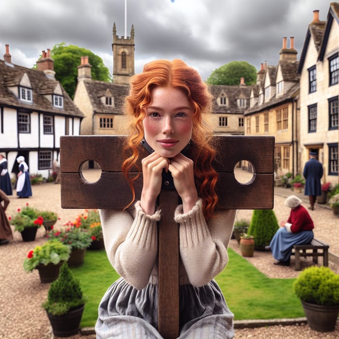Ginger-Haired Woman in Pillory, British Village Square