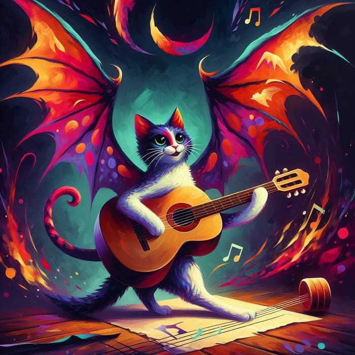 Whimsical Cat with Dragon Wings Strumming Guitar