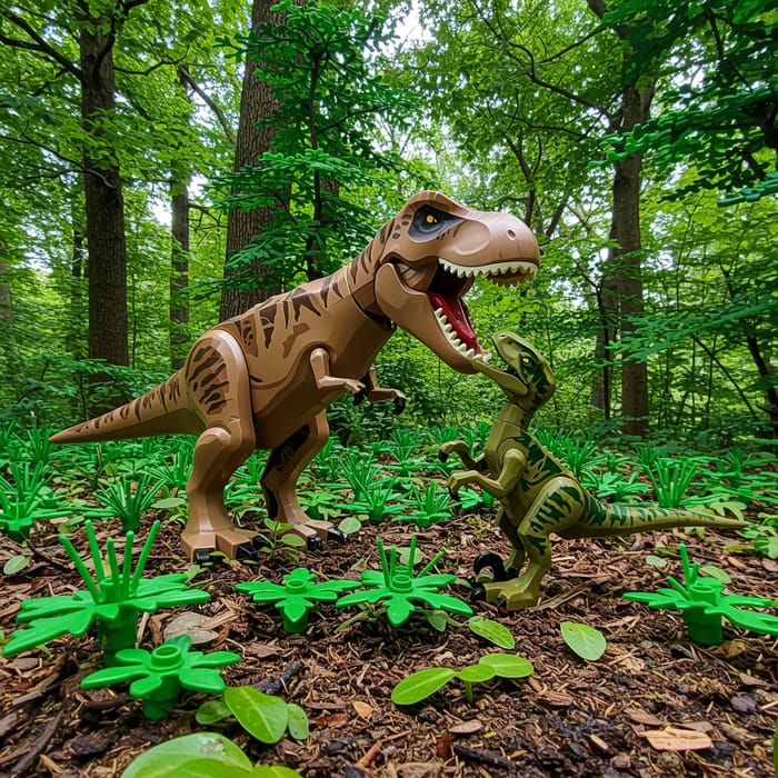 LEGO T. Rex vs Raptor Battle in Forest Setting