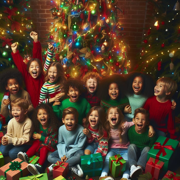 Happy Kids Surrounded by Christmas Tree & Gifts for Festive Joy