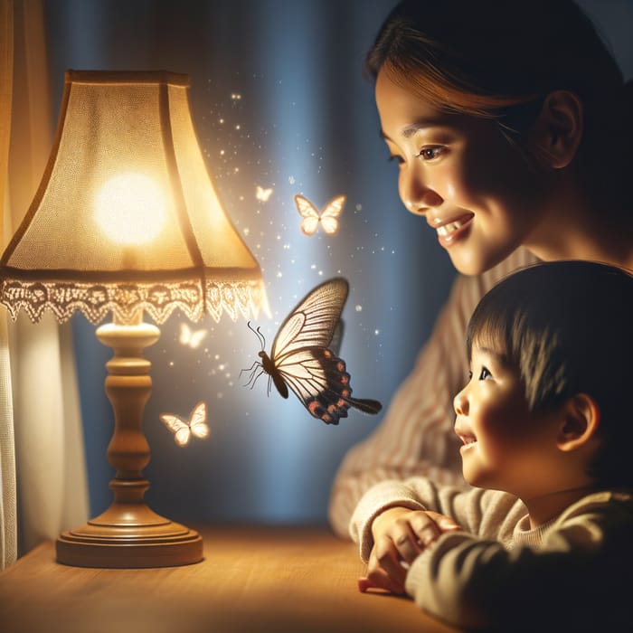 Beautiful Butterfly Flying to Lamp, while Mother and Son Watch