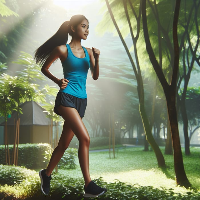 Energetic South Asian Woman Jogging in Serene Green Park