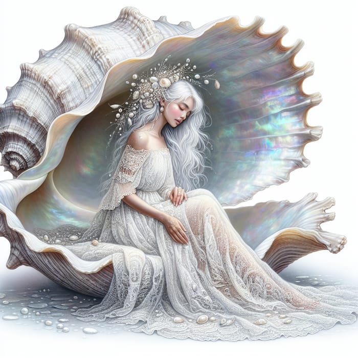 Elegant Sea Shell Art with Silver-Haired Beauty