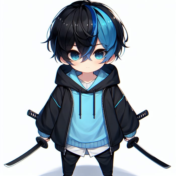 Adorable Short Boy with Black Hair, Blue Streak, and Cool Swords