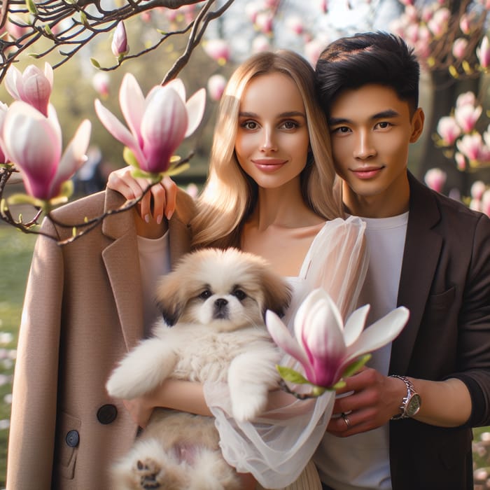 Beautiful Couple with Dog and Blooming Magnolia Tree