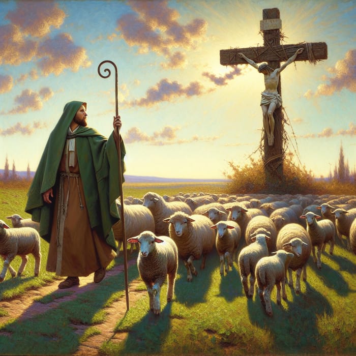 Shepherd Leading Sheep to Cross in Green Pastures