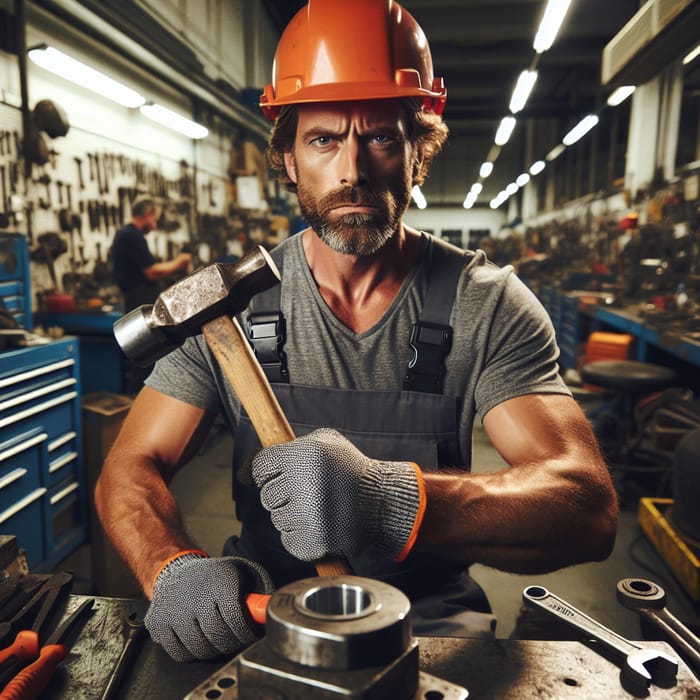 Mechanic in Orange Helmet Using Micrometer and Sledgehammer