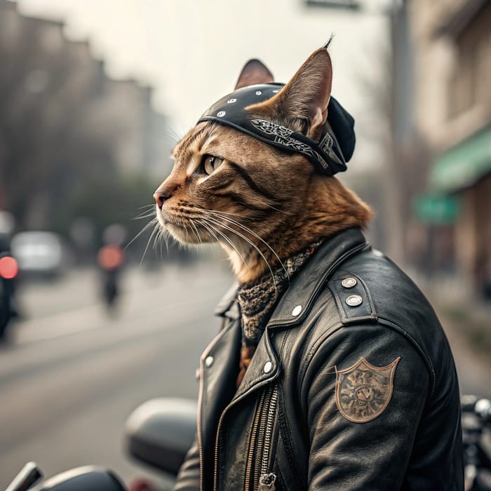 Biker Cat with Leather Jacket and Bandana