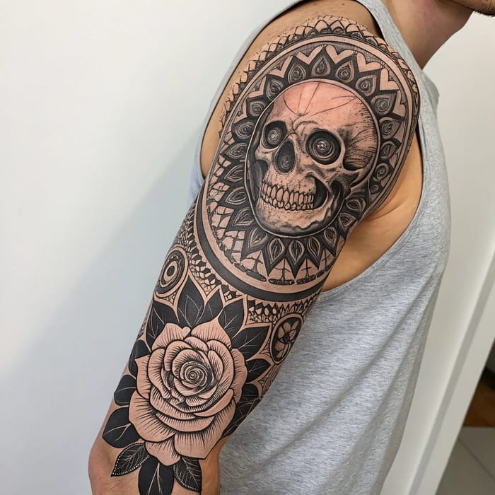 Intricate Arm Sleeve Tattoo: Skull and Roses Design