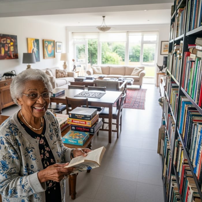 Cozy Living Room with Elder Choosing a Book Cozy Living Room with Elder Choosing a Book