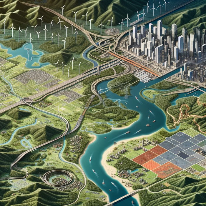 Geographic Infrastructure Revealed: Diverse Landscape with Forest, City & Coastline