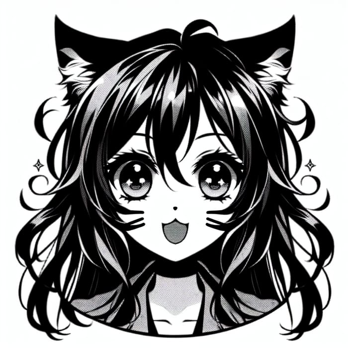 Manga-Style Black Hair Catgirl with Cheerful Expression