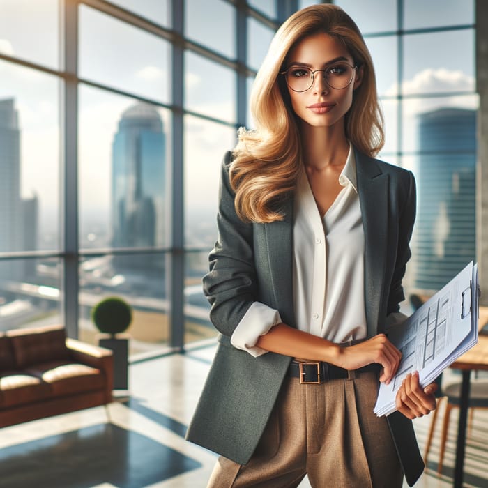 Confident Woman with Blonde Hair and Glasses in Modern Office | High Fashion Portrait