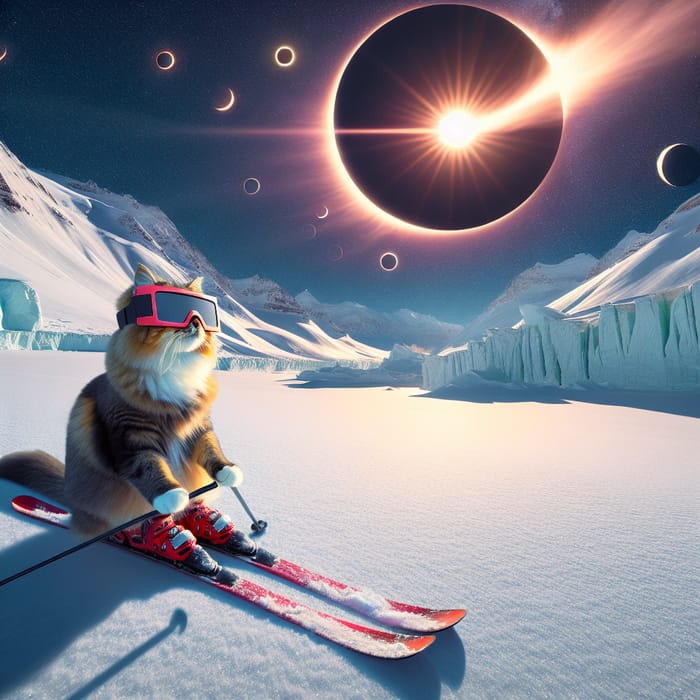 Skiing Cat Observes Solar Eclipse at North Pole