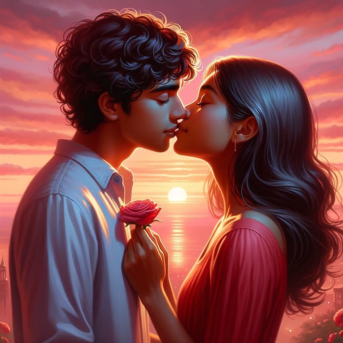 Romantic Sunset Kiss | Couple Embraced in Affection