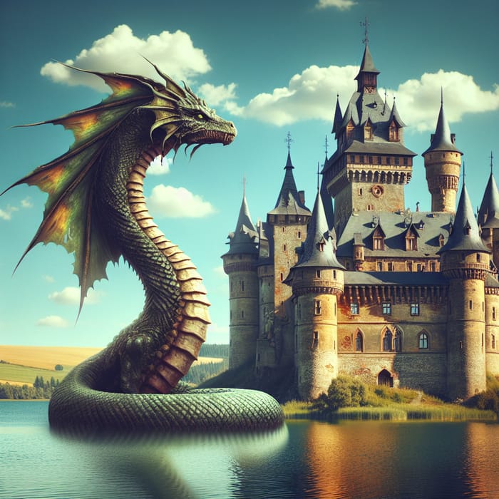 Majestic Castle on Tranquil Lake with Basilisk Guardian