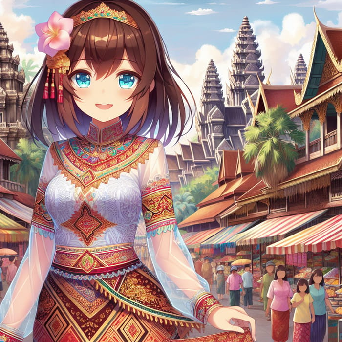 Cambodian Anime Girl in Traditional Dress Exploring Vibrant Cambodian Streets