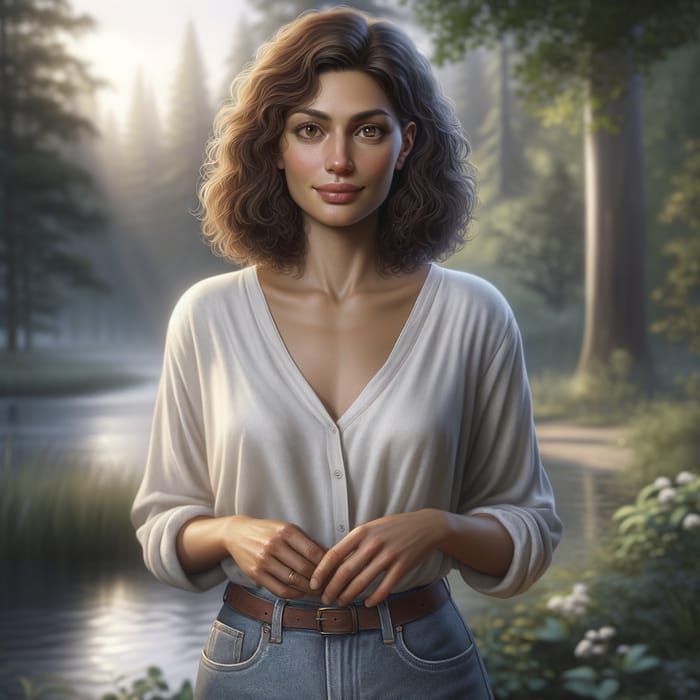 Realistic Portrait of a Confident Woman in Tranquil Natural Setting