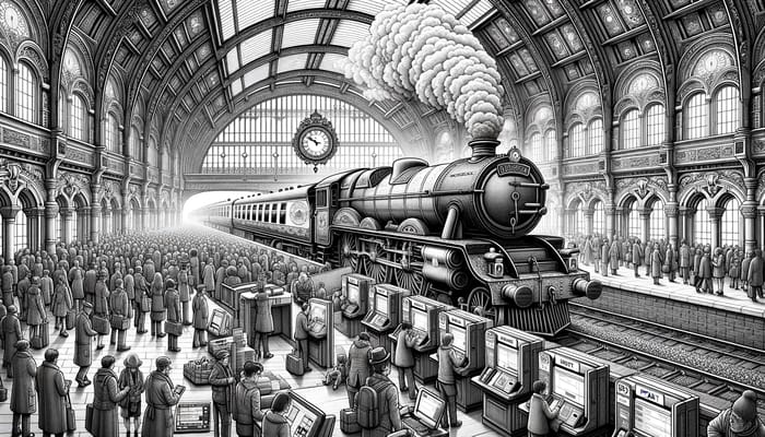 Digital Train Booking World | Line Art Illustration