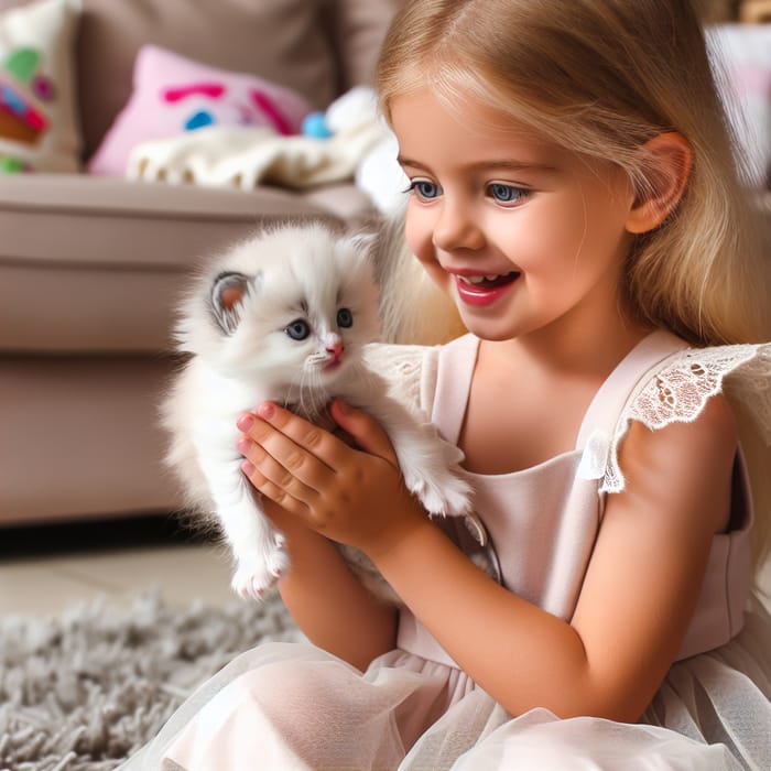 Adorable 4-Year-Old Girl Holding White Kitten