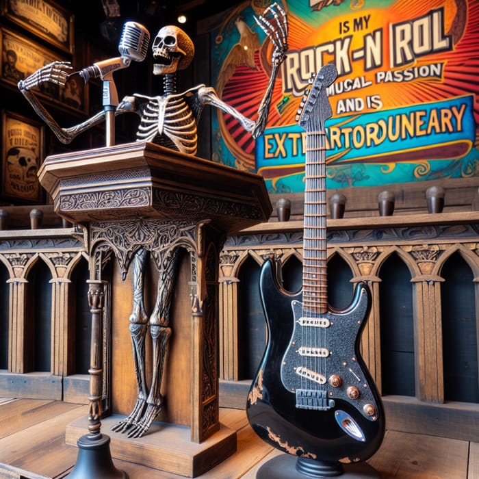 Skeleton Preacher with Black Guitar Rocking the Pulpit