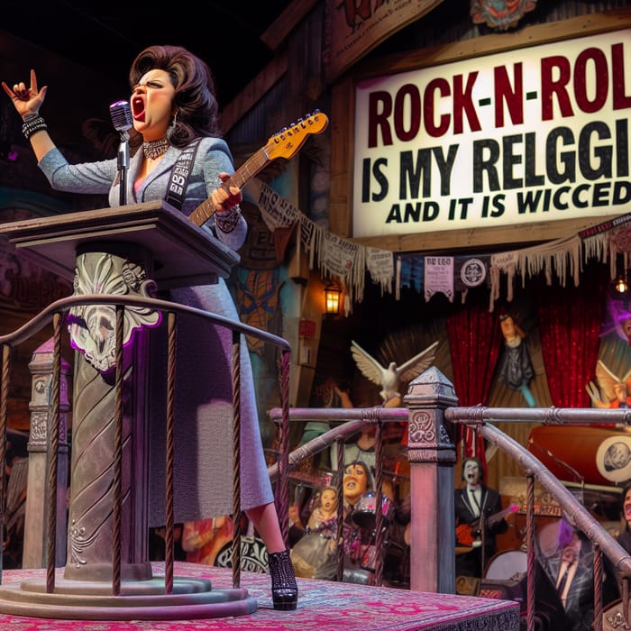 Hispanic Female Preacher Rocks Worship with Electric Guitar and 'Rock -n- Roll is my religion' Sign