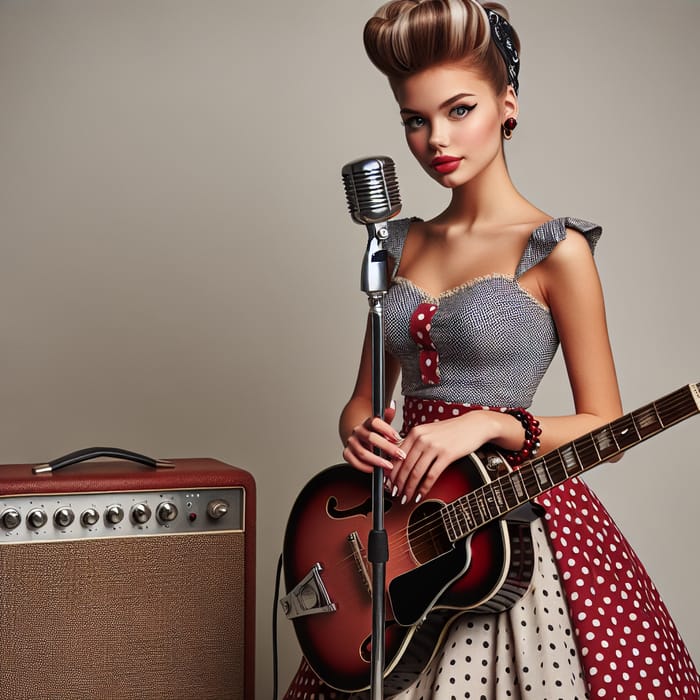 Vintage 1950s Rockabilly Girl with Guitar & Retro Music Set