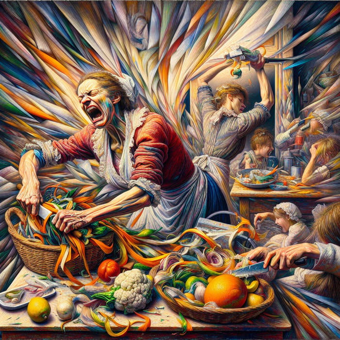 Furious Mother Peeling Vegetables | Bold and Vibrant Family Genre Artwork