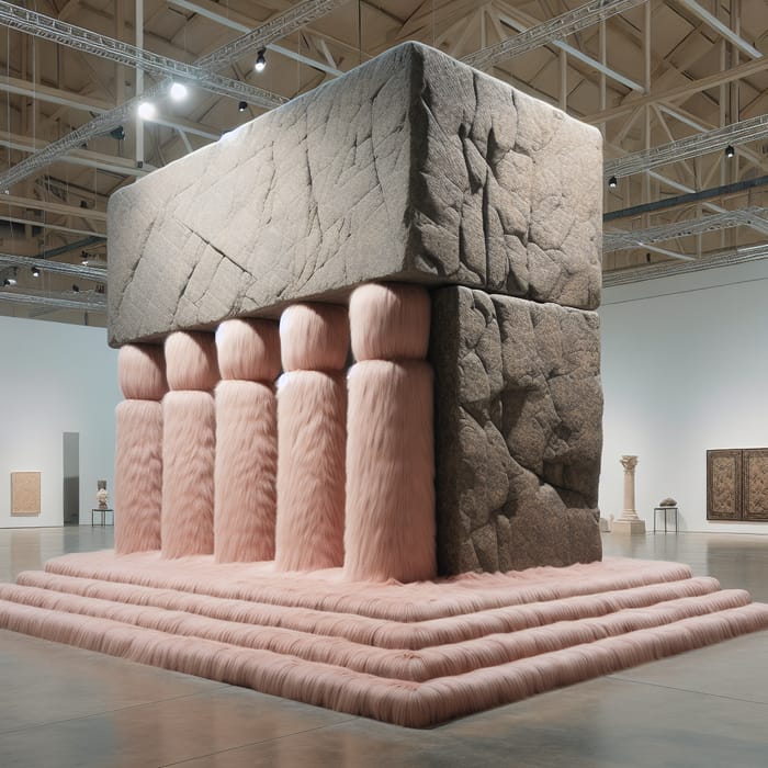 Realistic Stone Exhibition with Pink Fur Columns